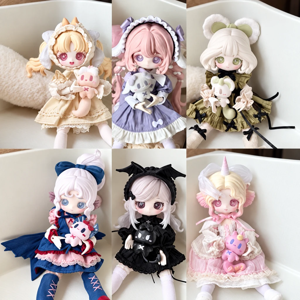 Six pastel blind-box character figures arranged in a collage